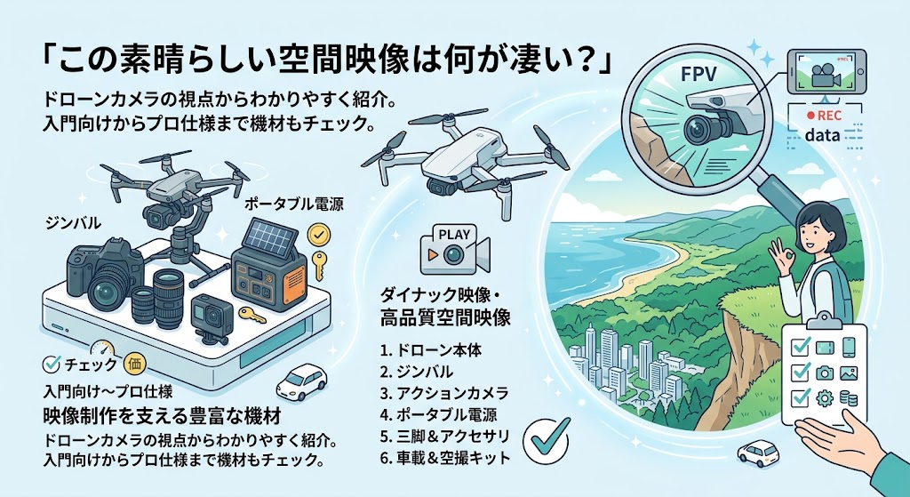 「ドローンやジンバル、アクションカメラ、ポータブル電源などの映像制作機材と、海岸を空撮するドローン映像を紹介するイメージ画像」